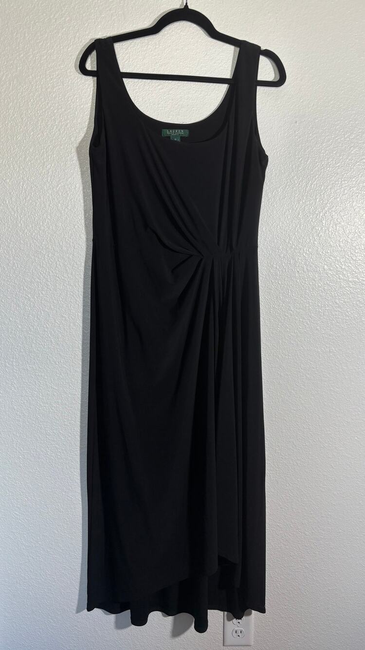 LAUREN Ralph Lauren Cocktail Dress Size 12 Black Ruched Side Sleeveless Maxi